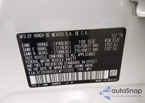 2020 Honda Hr-V Awd Ex z USA, uszkodzony, nr VIN 3CZRU6H5XLM712302